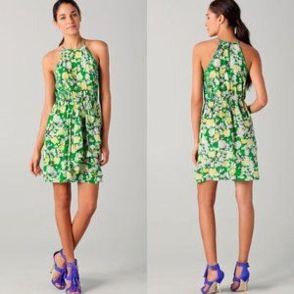 $375 REBECCA TAYLOR SILK FLORAL HIGH NECK FLUTTER GARDEN GREEN DRESS 0 FAIRY - Picture 14 of 14